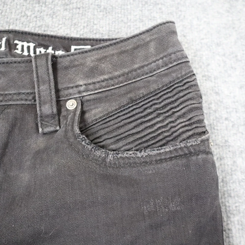 Rock Revival Moto Men Black Distressed Biker Jeans‎ Slim Fit Ribbed Details READ
